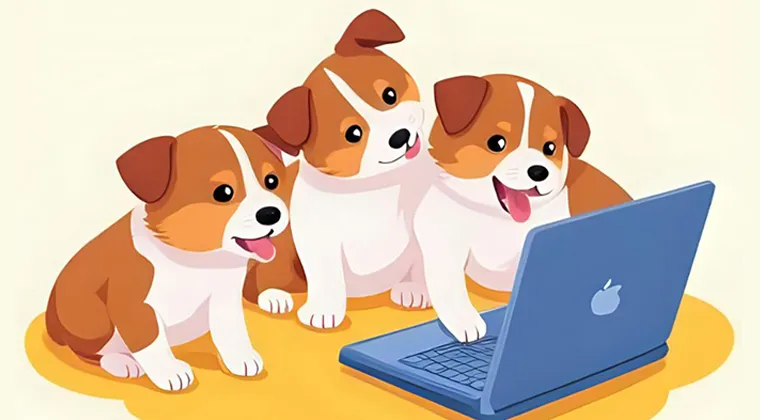 Dunbar Academy free puppy training course card showing three cartoon puppies looking at a laptop