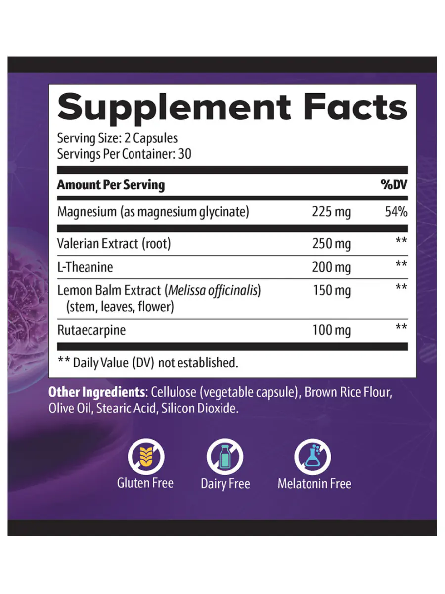Sleep Revive Supplement Facts label showing magnesium glycinate 225 mg, valerian 250 mg, L-theanine 200 mg, lemon balm 150 mg and rutaecarpine 100 mg