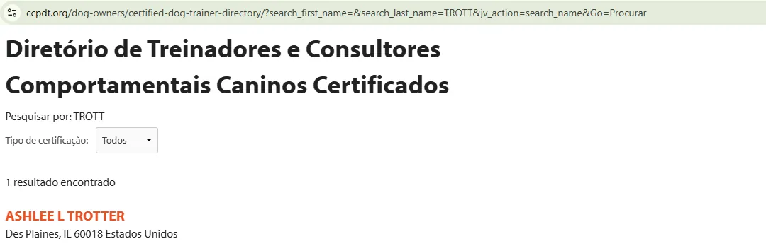 CCPDT certified dog trainer directory search for the surname Trott on September 29, 2026, showing one result for a different trainer