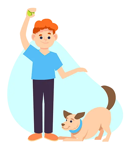 Illustration of an owner holding a ball while a dog bows, from SpiritDog's free course page