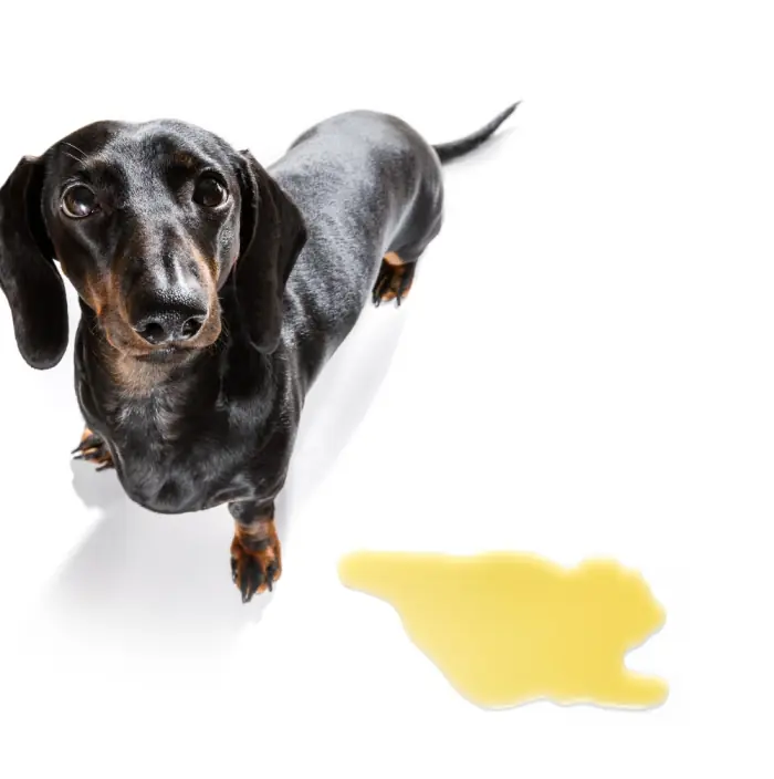 Dachshund next to a puddle, the image SpiritDog uses for its potty training course